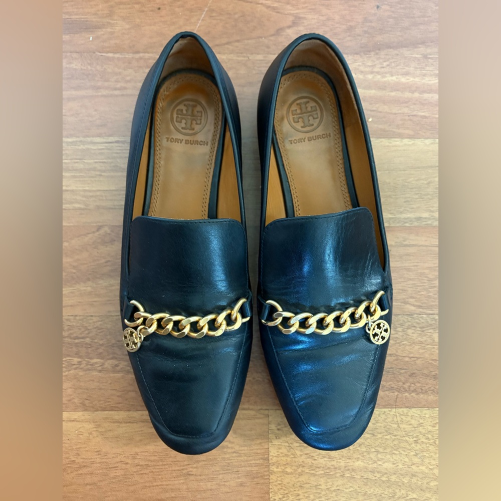 Tory Burch Women's Mini Benton Loafer Leather Black Gold Chain Sz 7 Business